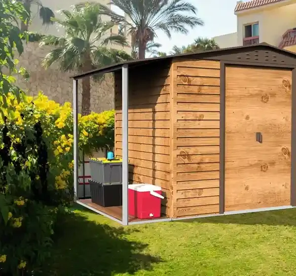 Abri de Jardin Métal 5m² Aspect Bois avec Annexe – Duramax Alpine